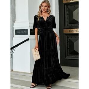 Simplee Black Velvet Tiered Flowy Maxi Dress Cinch Waist Vneck Front Large